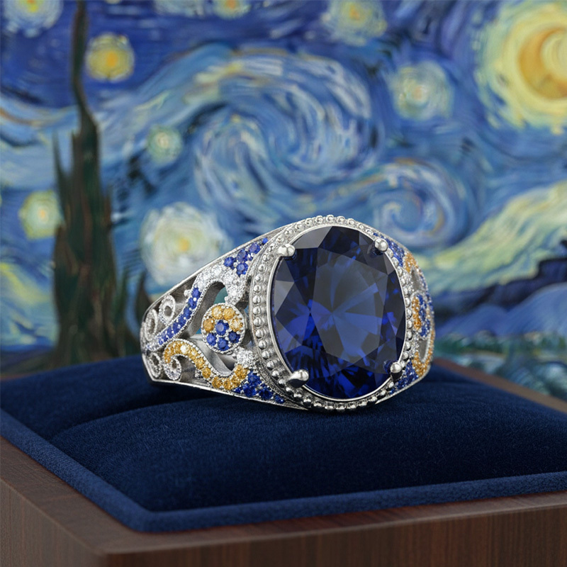 Sotiya Artist Collection Famous Painting Starry Night Oval Cut Vintage Engagement Ring Sterling Silver-Sotiya