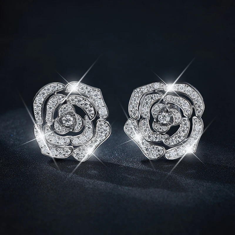 Sotiya Hollow Rose Round Cut Moissanite Stud Earrings Sterling Silver-Sotiya