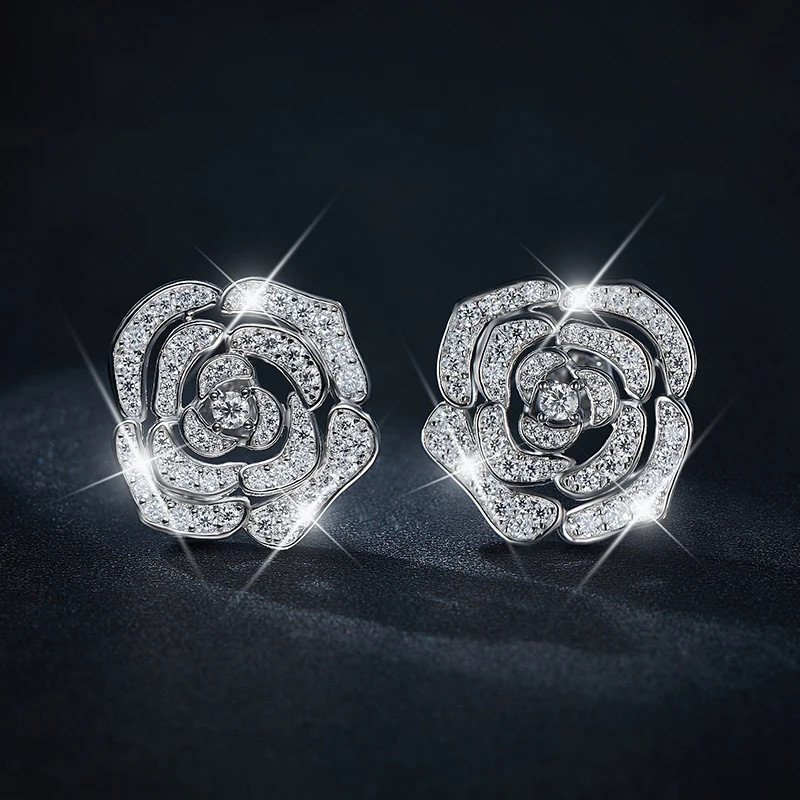 Sotiya Hollow Rose Round Cut Moissanite Stud Earrings Sterling Silver-Sotiya