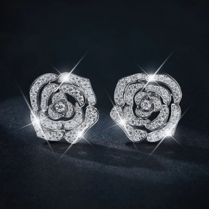 Sotiya Hollow Rose Round Cut Moissanite Stud Earrings Sterling Silver-Sotiya