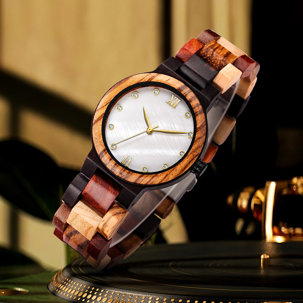 Sotiya Mother of Pearl Dial Coffee Wooden Watch-Sotiya