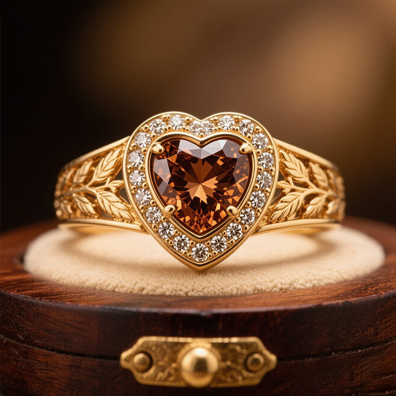 Sotiya Halo Heart Cut Vintage Leaf Coffee Engagement Ring Sterling Silver-Sotiya