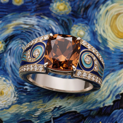Sotiya Artist Collection Famous Painting Starry Night Vintage Cushion Cut Coffee Engagement Ring Sterling Silver-Sotiya
