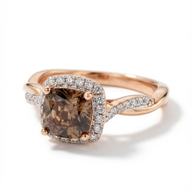 Sotiya Twist Shank Halo Coffee Cushion Cut Engagement Ring Sterling Silver