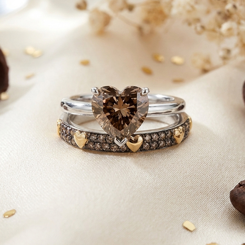Sotiya Solitaire Heart Cut Coffee Wedding Bridal Ring Set Sterling Silver-Sotiya