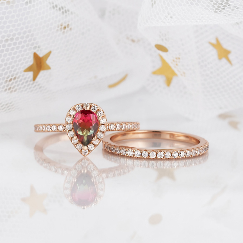 Sotiya Pear Cut Watermelon Rose Gold Halo Wedding Bridal Ring Set Sterling Silver-Sotiya