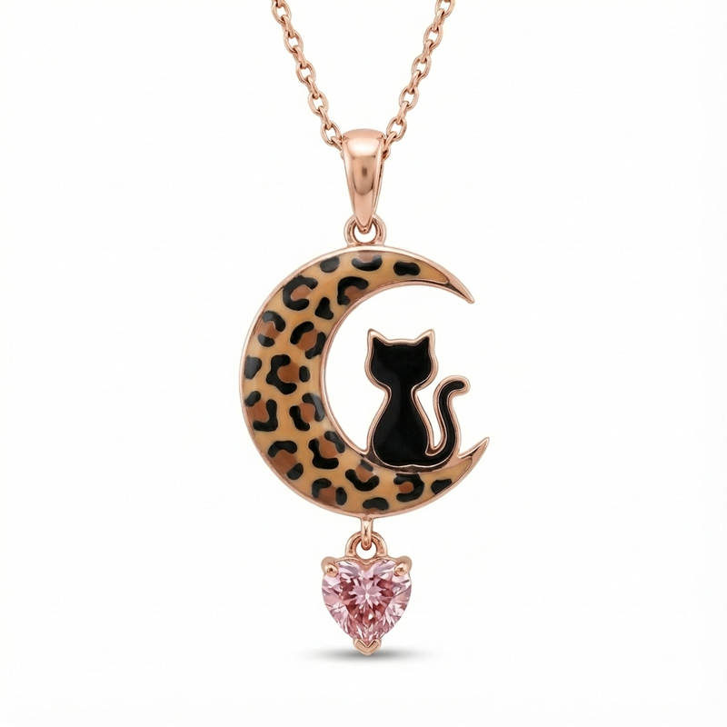 Sotiya Black Cat on Leopard Print Moon Pink Heart Pendant Necklace Sterling Silver-Sotiya