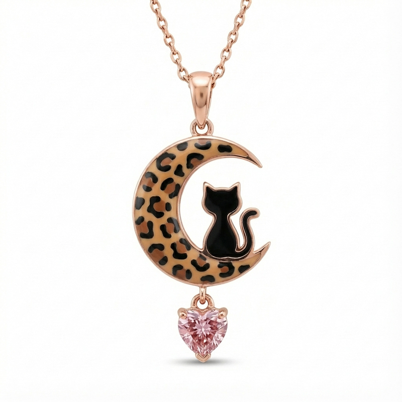 Sotiya Black Cat on Leopard Print Moon Pink Heart Pendant Necklace Sterling Silver-Sotiya