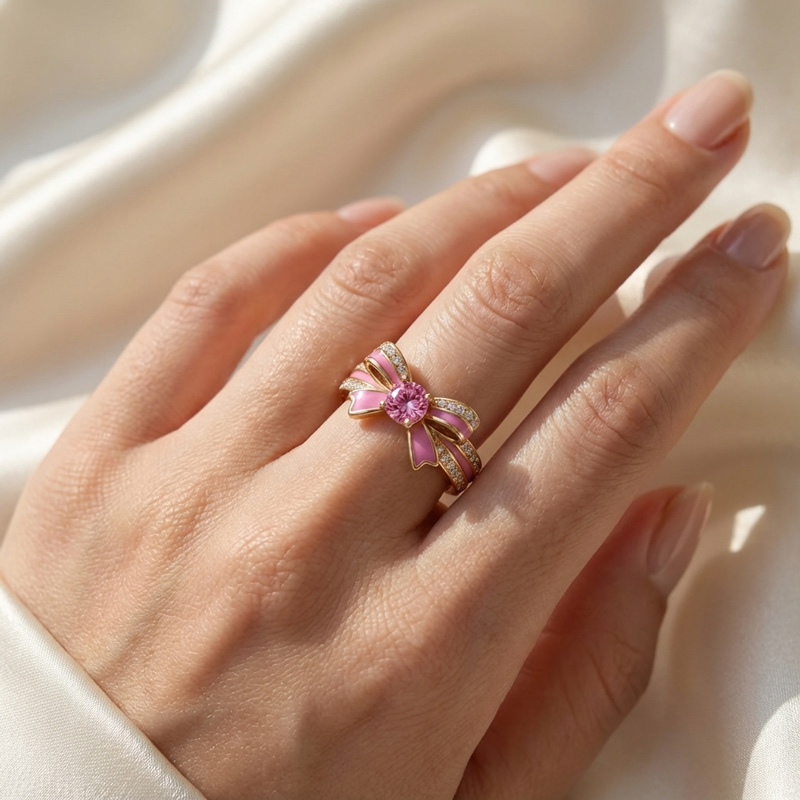 Sotiya Cushion Cut Bowknot Pink Enamel Promise Ring Sterling Silver-Sotiya