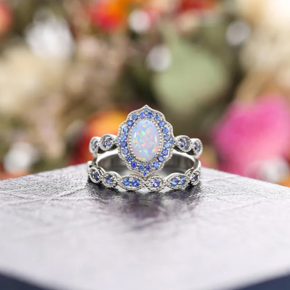 Sotiya Vintage Halo Oval Cut Opal Wedding Bridal Ring Set Sterling Silver-Sotiya