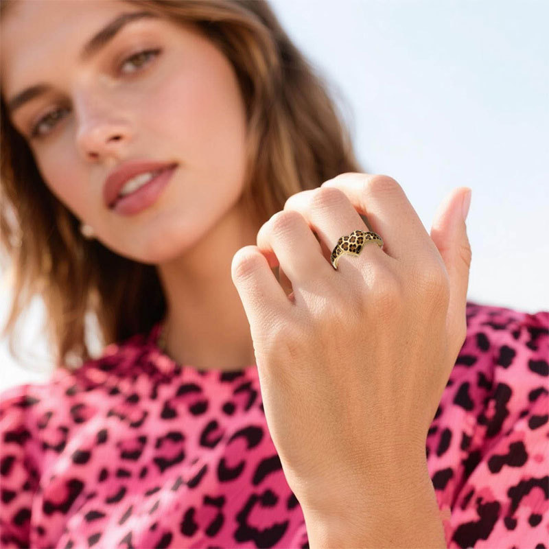Sotiya Heart Leopard Print Enamel Ring Sterling Silver-Sotiya