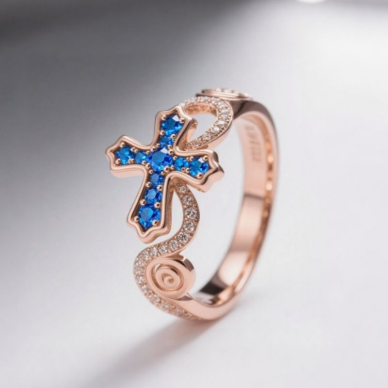 Sotiya Cross Design Faith Round Cut Coffee Cocktail Ring Sterling Silver-Sotiya