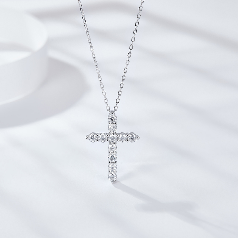 Sotiya Cross Design Round Cut Moissanite Necklace Sterling Silver-Sotiya