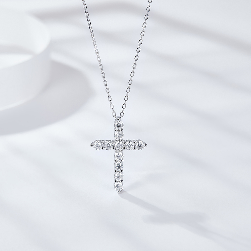 Sotiya Cross Design Round Cut Moissanite Necklace Sterling Silver-Sotiya
