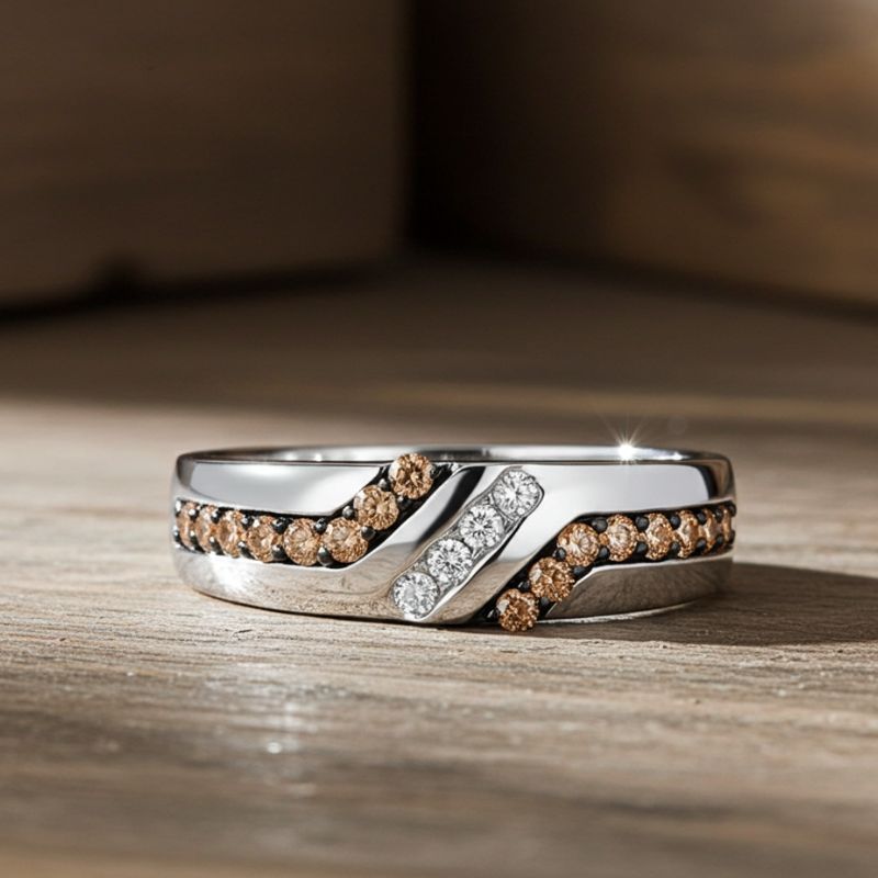 Sotiya White Gold Round Coffee Stone Band Men's Wedding Ring Sterling Silver-Sotiya