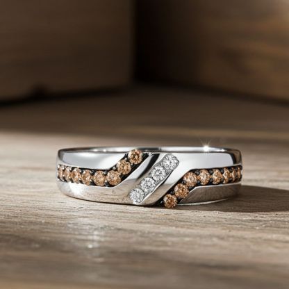 Sotiya White Gold Round Coffee Stone Band Men's Wedding Ring Sterling Silver-Sotiya