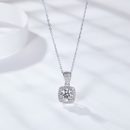 Sotiya Squircle Shaped Halo Round Cut Moissanite Necklace Sterling Silver-Sotiya