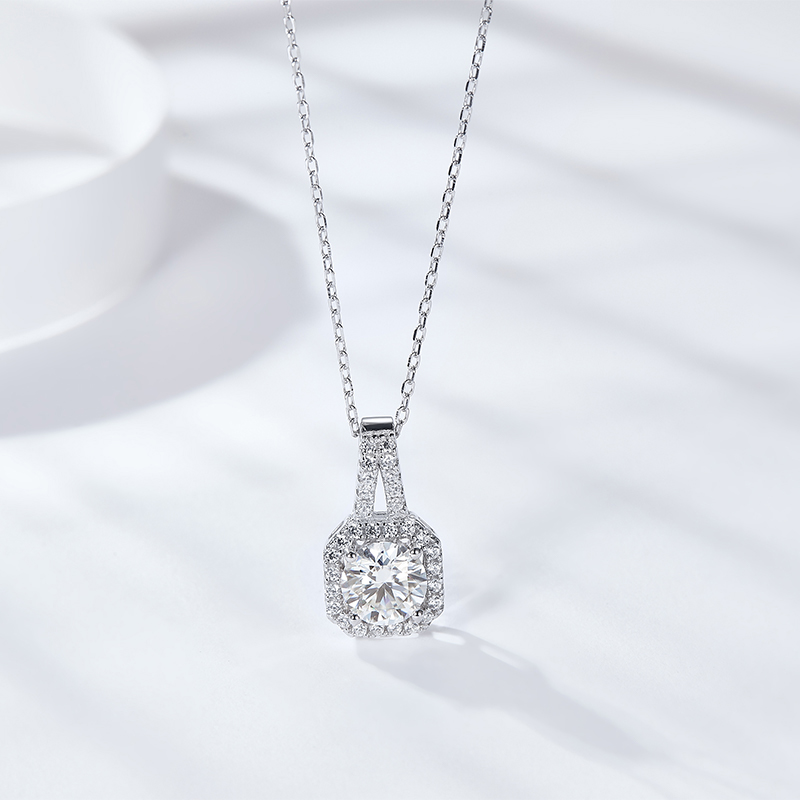 Sotiya Square Halo Design Round Cut Moissanite Necklace Sterling Silver-Sotiya