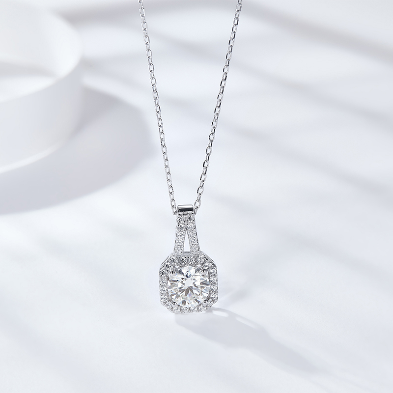 Sotiya Square Halo Design Round Cut Moissanite Necklace Sterling Silver-Sotiya