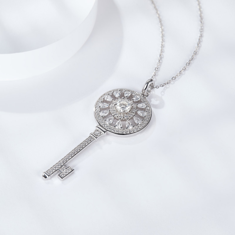 Sotiya Flower and Key Design Halo Round Cut Moissanite Necklace Sterling Silver-Sotiya