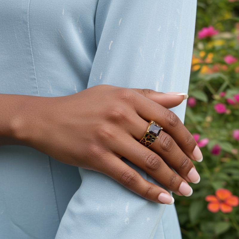 Sotiya Princess Cut Leopard Print Coffee Enamel Ring Sterling Silver-Sotiya