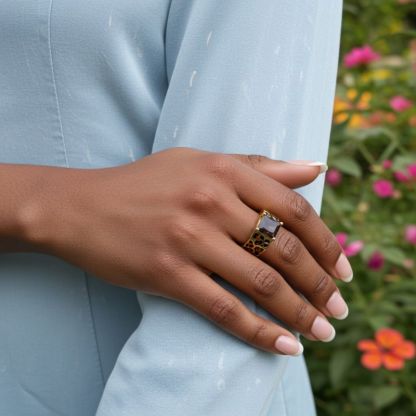 Sotiya Princess Cut Leopard Print Coffee Enamel Ring Sterling Silver-Sotiya