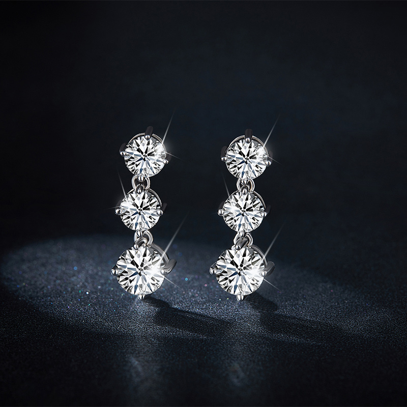 Sotiya Three Stone Round Cut Moissanite Drop Earrings Sterling Silver-Sotiya