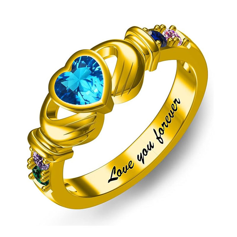 Sotiya Heart Cut Claddagh Ring Custom 12 Birthstone Engraved Name Promise Ring Sterling Silver-Sotiya