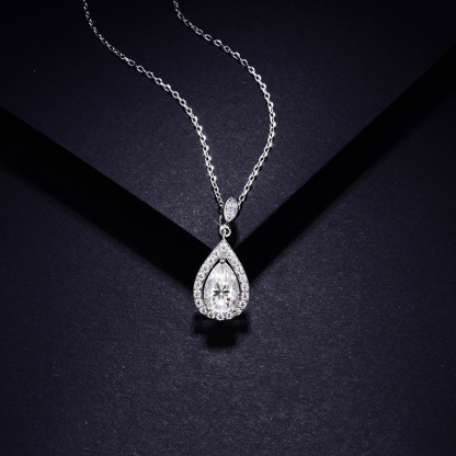 Sotiya Halo Pear Cut Moissanite Necklace Sterling Silver-Sotiya