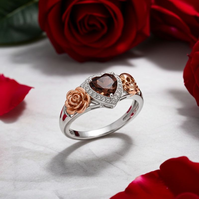 Sotiya Flower Skull Halo Heart Cut Coffee Engagement Ring Sterling Silver-Sotiya