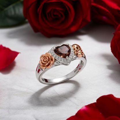 Sotiya Flower Skull Halo Heart Cut Coffee Engagement Ring Sterling Silver-Sotiya