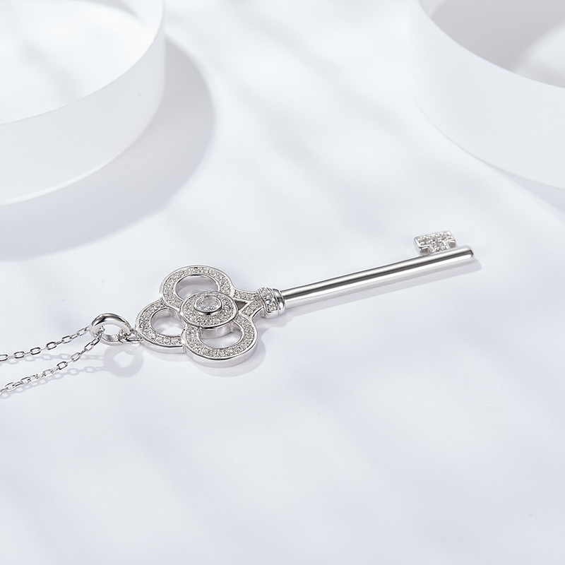 Sotiya Key Design Halo Round Cut Moissanite Necklace Sterling Silver-Sotiya