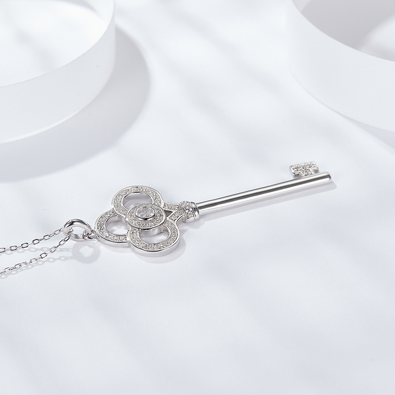 Sotiya Key Design Halo Round Cut Moissanite Necklace Sterling Silver-Sotiya