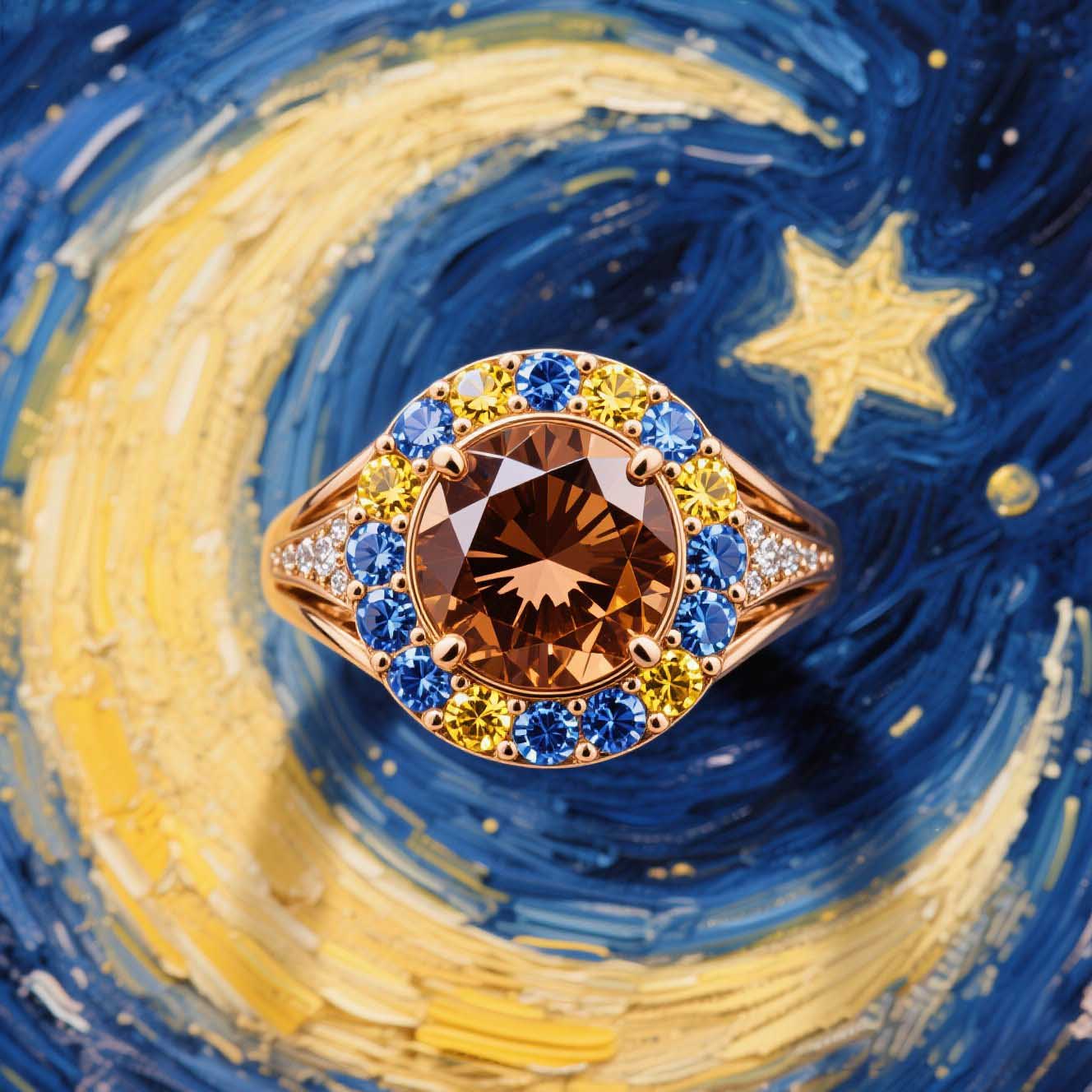 Sotiya Artist Collection Famous Painting Starry Night Halo Round Cut Chocolate Engagement Ring Sterling Silver-Sotiya