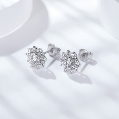 Sotiya Sunflower Round Cut Moissanite Stud Earrings Sterling Silver-Sotiya