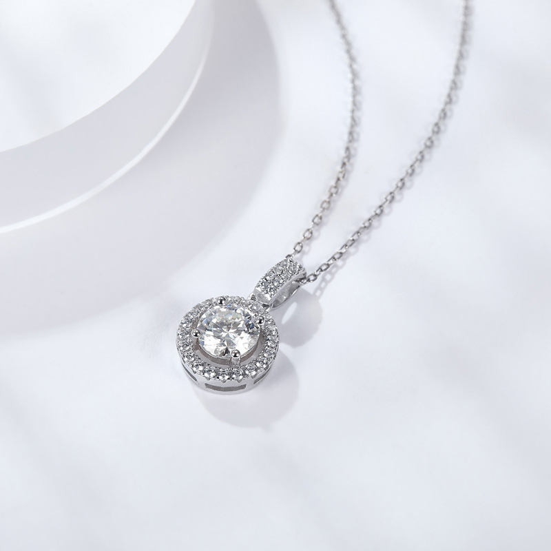 Sotiya Halo Round Cut Moissanite Necklace Sterling Silver-Sotiya