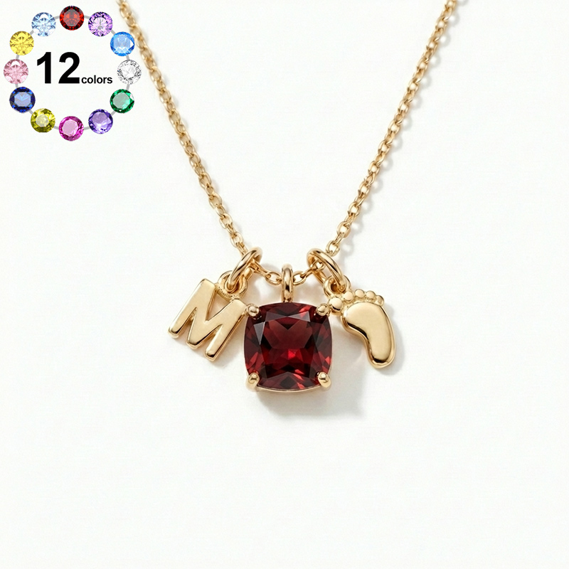 Sotiya 12 Birthstones Mom Feet Design Cushion Cut Necklace Sterling Silver