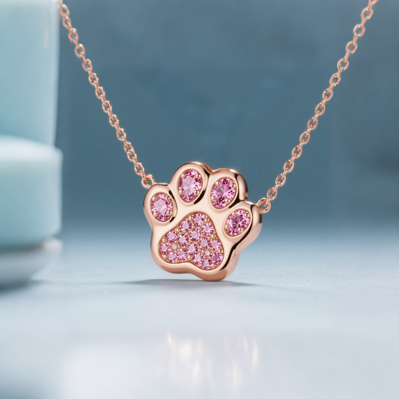 Sotiya Pet Cat Dog Paw Pink Heart Shaped Necklace Sterling Silver-Sotiya