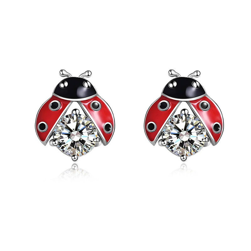 Sotiya Round Cut Enamel Ladybug Design Stud Earrings Sterling Silver-Sotiya