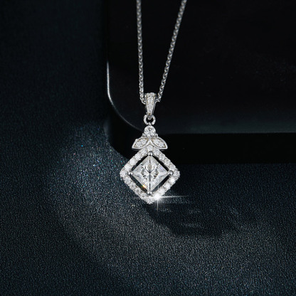 Sotiya Halo Princess Cut Moissanite Necklace Sterling Silver-Sotiya
