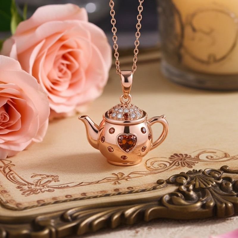 Sotiya Best Buds Teapot and Dancing Princess Heart Cut Chocolate Necklace Sterling Silver-Sotiya