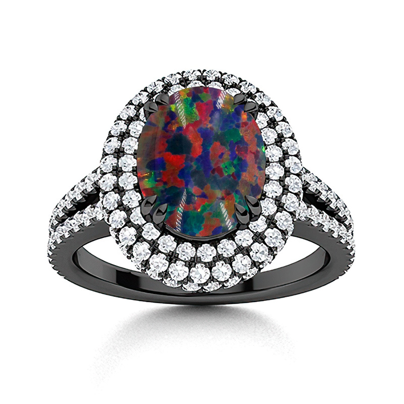 Sotiya Split Shank Double Halo Opal Oval Cut Engagement Ring Sterling Silver-Sotiya