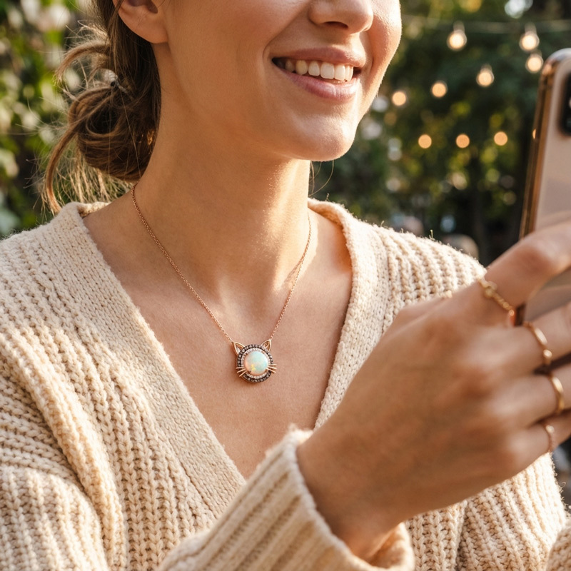 Sotiya Cat Design Double Halo Opal Round Cut Coffee Necklace Sterling Silver-Sotiya