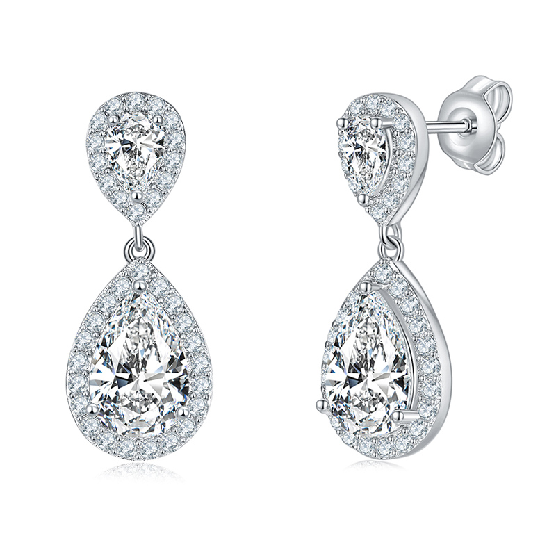Sotiya Two Stone Halo Pear Cut Moissanite Drop Earrings Sterling Silver-Sotiya