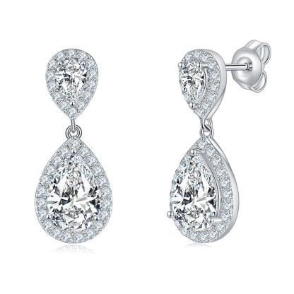 Sotiya Two Stone Halo Pear Cut Moissanite Drop Earrings Sterling Silver-Sotiya