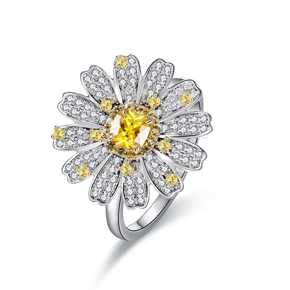Sotiya Halo Cushion Cut Citrine Daisy Flower Ring High-carbon Zircon Sterling Silver-Sotiya