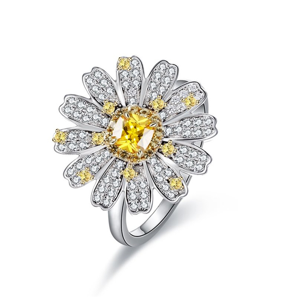Sotiya Halo Cushion Cut Citrine Daisy Flower Ring High-carbon Zircon Sterling Silver-Sotiya