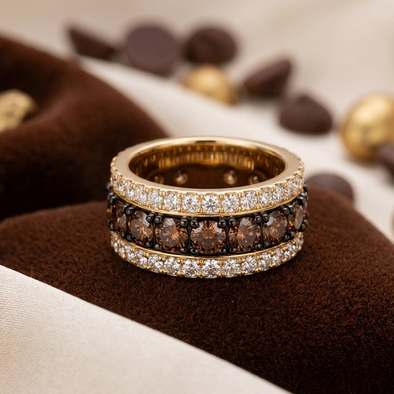 Sotiya Three-Row Round Cut Coffee Women's Wedding Ring Sterling Silver