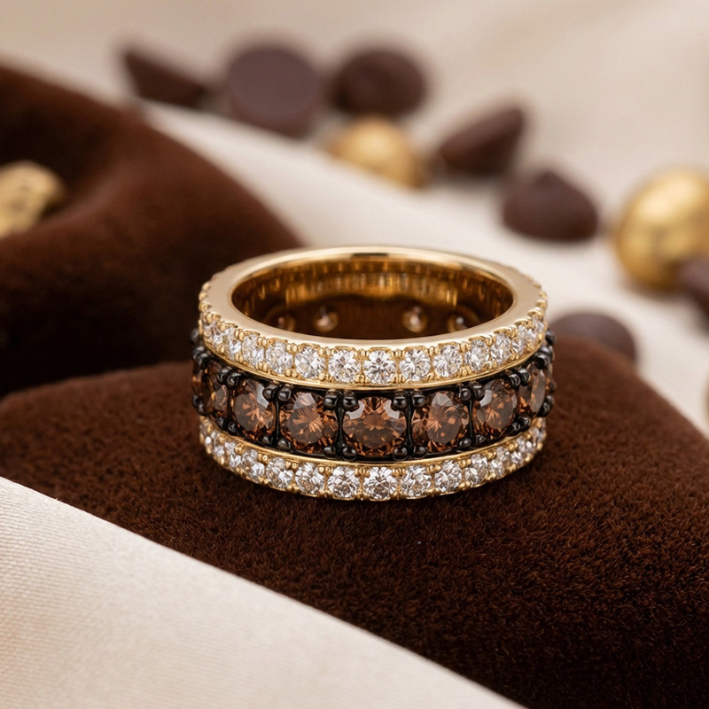 Sotiya Three-Row Round Cut Coffee Women's Wedding Ring Sterling Silver