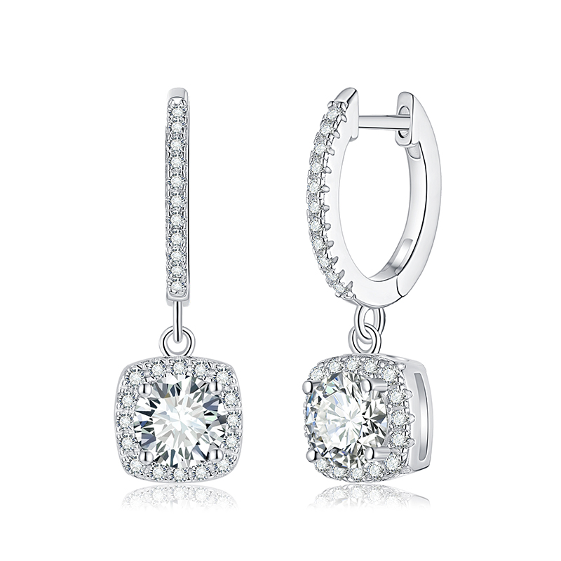 Sotiya Square Halo Design Round Cut Moissanite Drop Earrings Sterling Silver-Sotiya